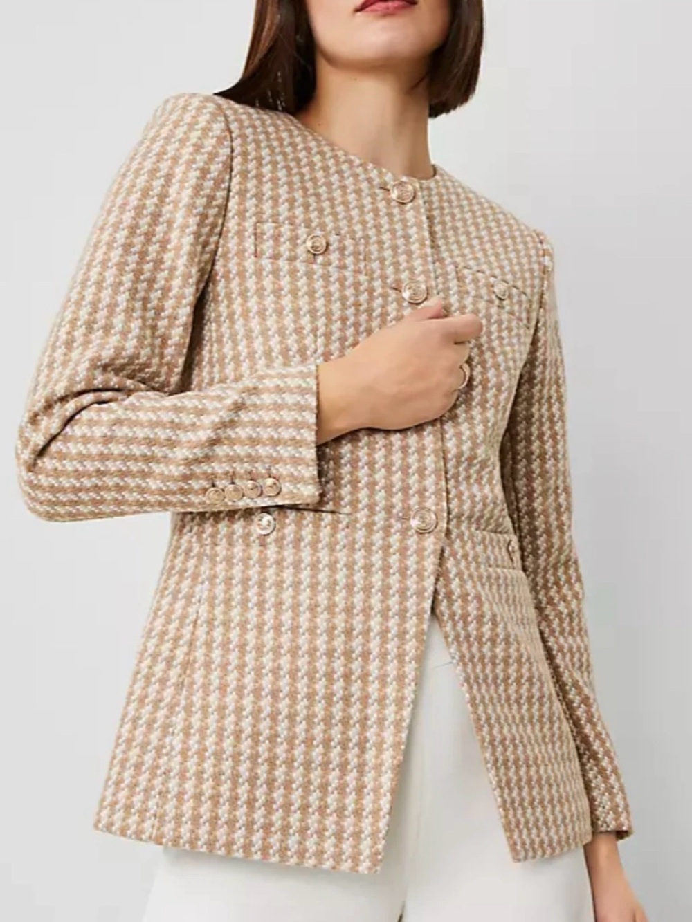 Ann Taylor Tan Houndstooth Tweed Jacket Blazer Cappuccino Beige Size 0